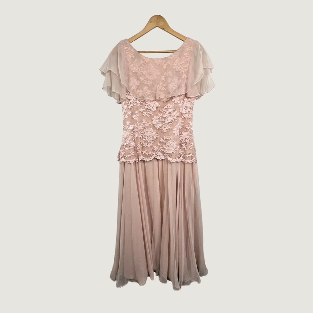 Vintage Dress Women M Pink Lace Chiffon Sequin Midi Tea Length Romantic Formal